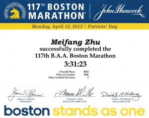 Meifnag Zhu Boston Marathon 2013 certifacation 1