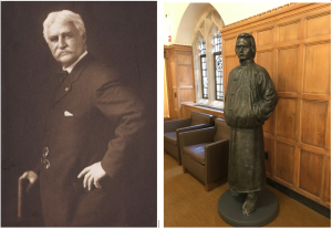左：著名牧师、作家Joseph Hopkins Twichell，1859年耶鲁大学毕业，是马克吐温的挚友，马克吐温作品《in A Tramp Abroad》中人物 Harris 的原型。 右：耶鲁大学图书馆（Sterling Library）内的容闳塑像。容闳 (Yung Wing) ，“中国留美幼童”项目创始人，1854年耶鲁大学毕业，是中国近代首位留美学生，耶鲁首位华人学生。